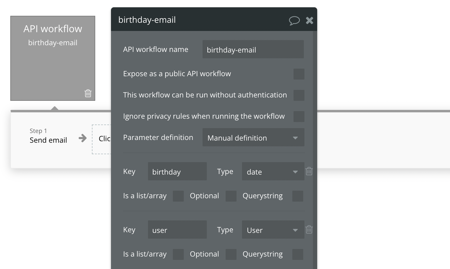 Defining backend workflow parameters in Bubble.io NocodeAssistant