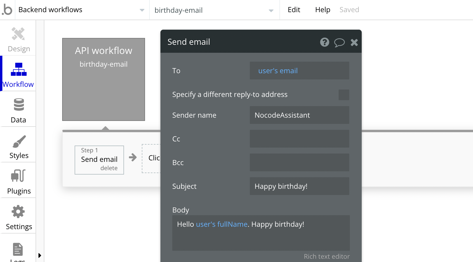 Sending email using backend workflows in Bubble.io NocodeAssistant