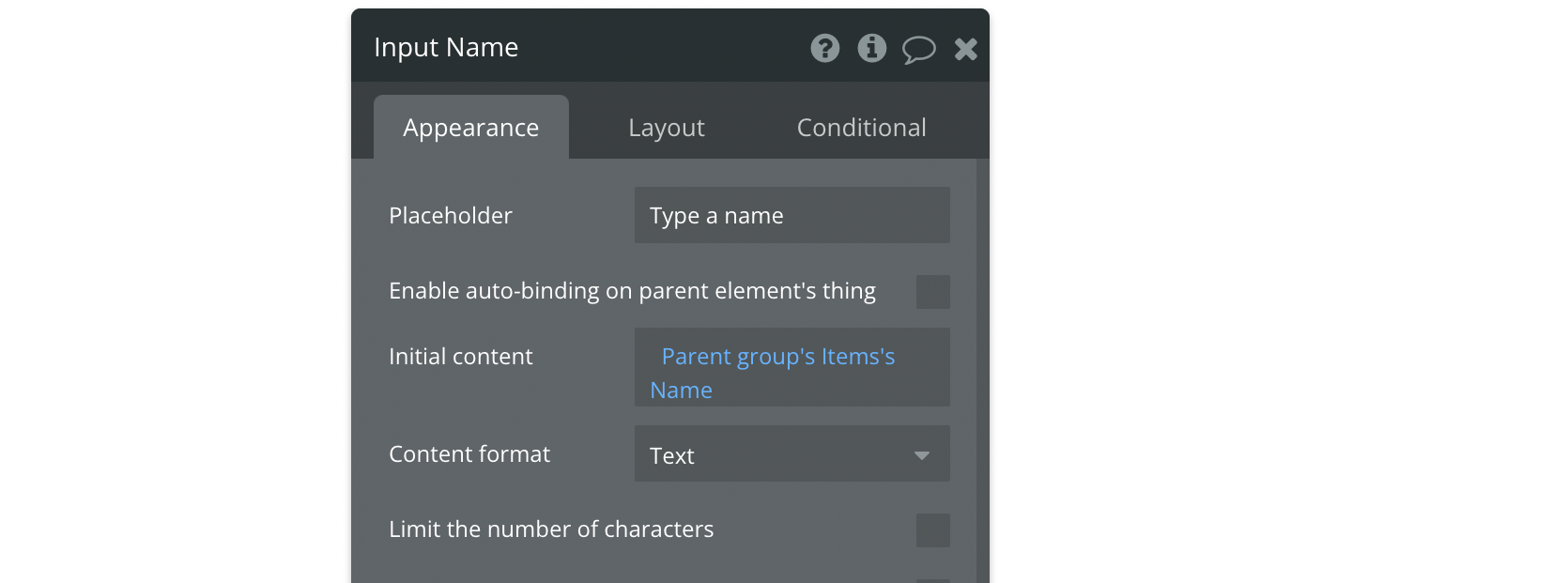 Input element configuration without autobinding in Bubble.io tutorial nocodeassistant